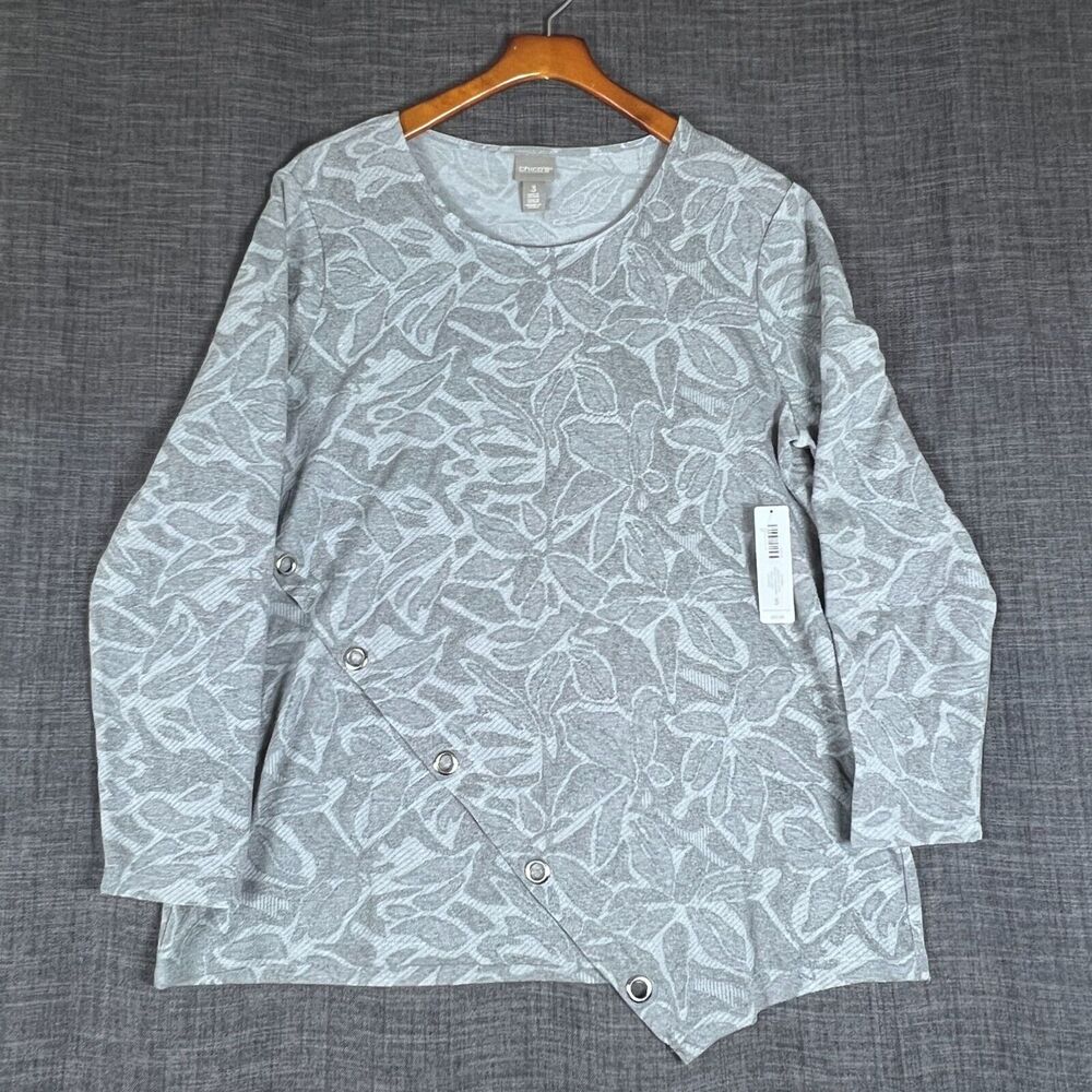 NWT Chicos Women's Asymmetrical Jacquard Mystic Gray Top Sz 3
